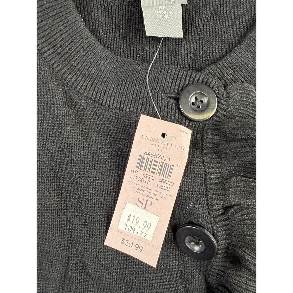 Ann Taylor Cardigan Sweater Womens Petite SP Black Ruffle Button Front Knit - Picture 5 of 10